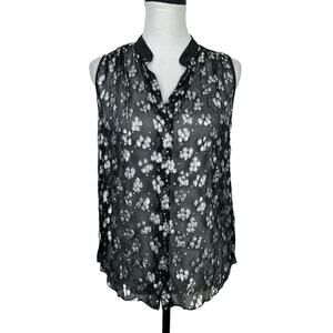 Rebecca Taylor Black & Metallic Silver Sheer Silk Snap Front Sleeveless Blouse